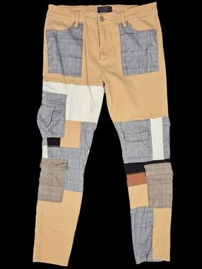 THRT Herald Denim Patchwork Pants Streetwear Casual Hip-Hop Tan Plaid Mens 36x33